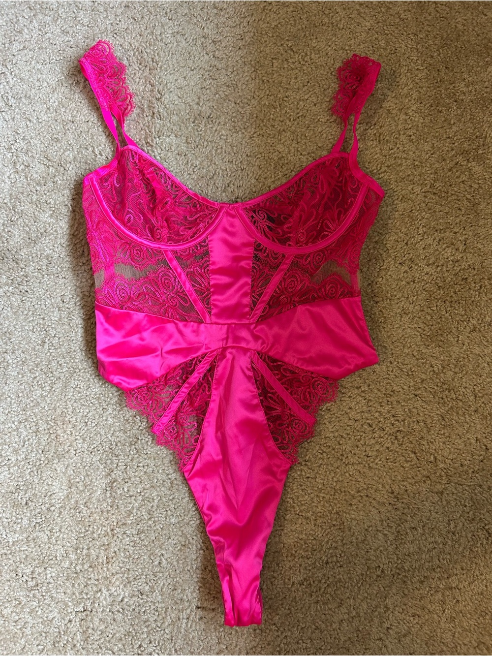 For Love and Lemons Hot Pink Lace Satin Teddy Bodysuit